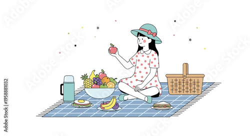 A Cheerful Child Enjoys a Vibrant Picnic Feast Outdoors With Sunshine