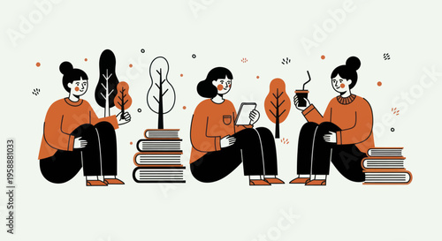 Three women reading books and relaxing outdoors in a park setting.