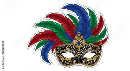 A colorful feathered mask with a gold design on a white background, perfect for Mardi Gras or Carnival celebrations.
