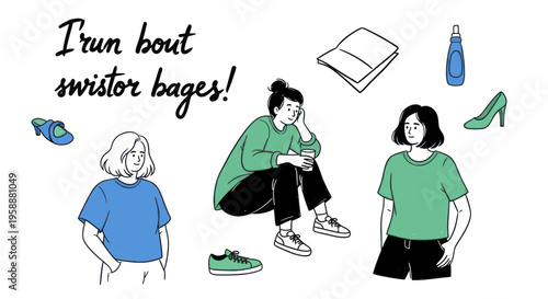 Three women in various poses, one sitting, two standing, surrounded by everyday objects.