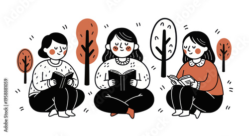 Three women reading books together in a park.