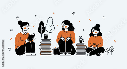 Three women sitting and reading books, surrounded by plants and books.