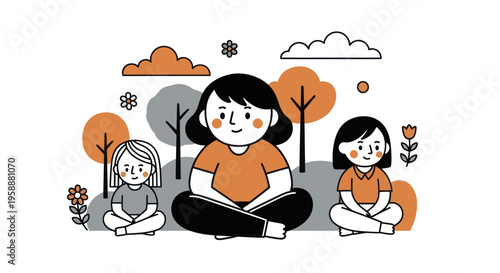 Three women sitting cross legged in a peaceful outdoor setting.