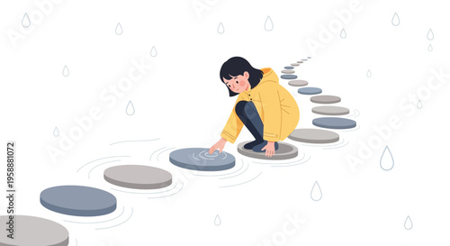 A Child Navigates a Stepping Stone Path In The Rain