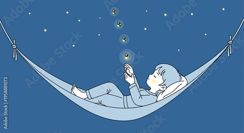 A Child Relaxing In A Hammock Under A Starry Night Sky With Fireflies