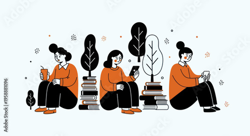 Three women sitting with books and trees, engaged in reading and using mobile devices.