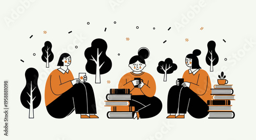 Three women sitting outdoors surrounded by books and trees, enjoying a peaceful moment.