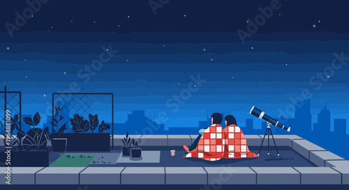 A Couple Gazing At The Starry Night Sky From A Rooftop Terrace