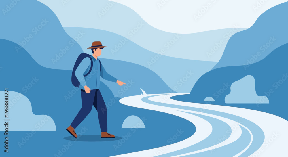 Obraz premium A Lone Voyager Navigates A Serene Mountainous River Path
