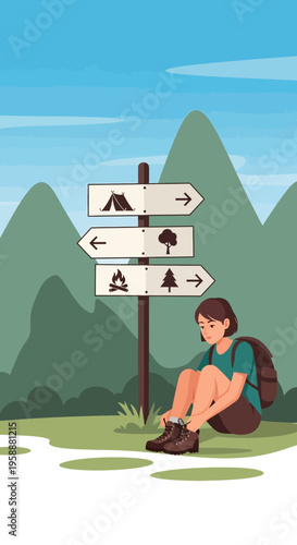 A Hiker Takes A Break To Tie Shoes Next To A Trail Sign In The Mountains