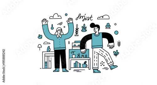 Two people in a room with plants and decor, one with arms raised.