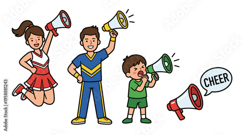 Cartoon family cheerleaders set, mother father and child celebrating with megaphones, group of happy characters cheering vector, cheering family isolated on white