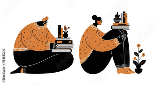 Two people sitting with stacks of books and plants, enjoying quiet reading time.