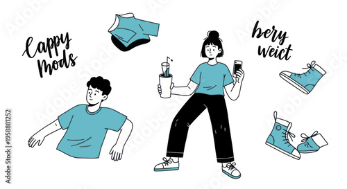 Two people standing with various items around them.