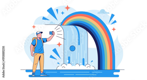 A Joyful Traveler Captures a Magical Waterfall Rainbow Moment