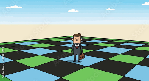 A Lone Businessman Stands On A Giant Chessboard Under A Vast Sky