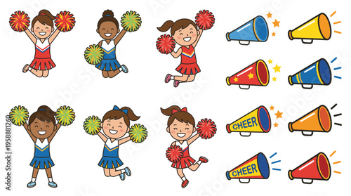 Collection of diverse cartoon cheerleader girls jumping with pom-poms and colorful megaphones, cheering equipment vector set on white, vector illustration, cheer leading