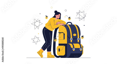 A Joyful Traveler Prepares For An Adventure With A Large Backpack
