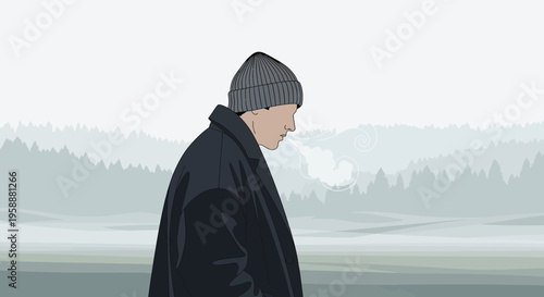 A Lone Figure In A Cold Landscape Emitting Visible Breath