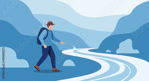 A Lone Voyager Navigates A Serene Mountainous River Path