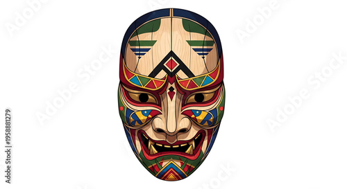 A colorful, vibrant, and intricately designed mask with a mix of geometric patterns and tribal elements, perfect for use as a graphic design element or icon.