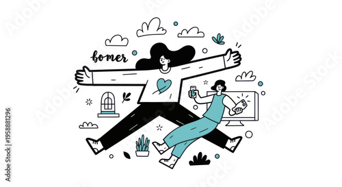 Two women in a playful and dynamic pose, celebrating joy and freedom.