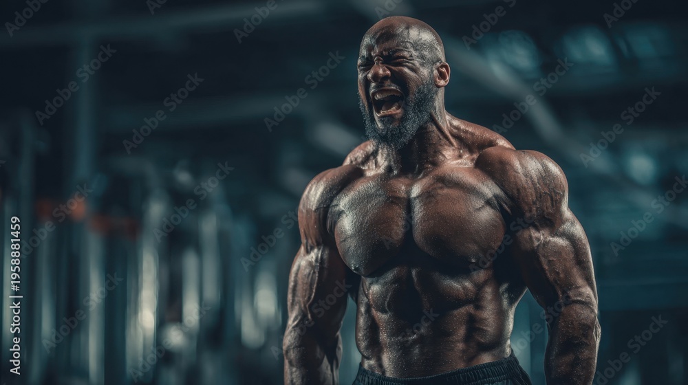 Obraz premium Male bodybuilder shouting during workout in gym environment