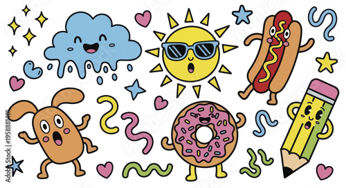 Whimsical Doodle Collection with Happy Cloud Sun Hot Dog Donut Pencil and Dog Character.