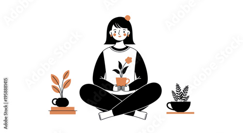Woman Meditating with Plants, Embracing Mindfulness and Nature.