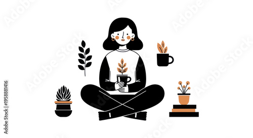 Woman Meditating with Plants and Coffee in a Serene Setting.