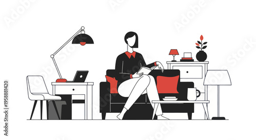 Woman sitting comfortably in a modern living room with laptop.