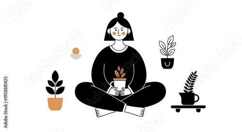 Woman sitting cross-legged holding a potted plant, surrounded by other plants.