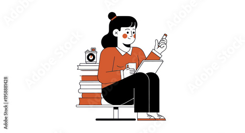 Woman studying with books and laptop illustration.