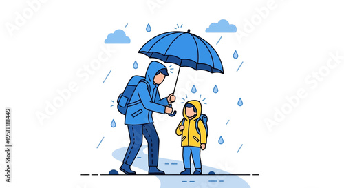 A Protective Parent Shields Child Under Umbrella During Rainy Day Adventure