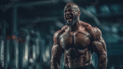 Male bodybuilder shouting during workout in gym environment