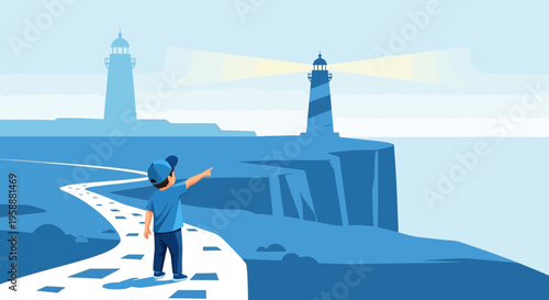 A Small Child Points Towards A Distant Lighthouse Guiding The Way