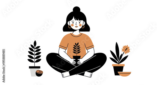 Young Woman Meditating with Plants in a Serene Setting.