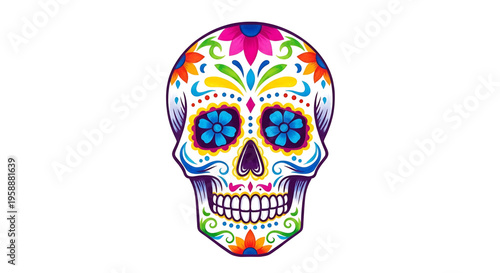 A vibrant and colorful sugar skull illustration with floral designs and swirling patterns, perfect for Day of the Dead celebrations or Latin American cultural events.