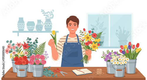 A Young Florist Arranging A Vibrant Bouquet Of Spring Flowers