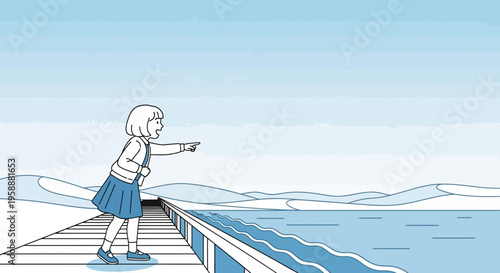 A Young Girl Points Towards an Expansive Horizon by the Water