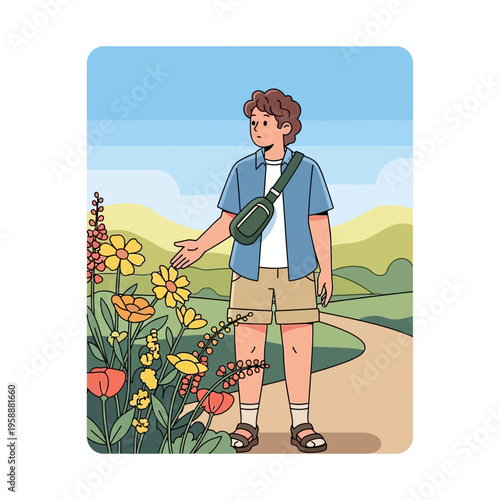 A Young Man Enjoys A Walk Amongst Wildflowers On A Sunny Day
