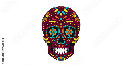 A vibrant, colorful sugar skull illustration with floral patterns and designs, symbolizing the Day of the Dead celebration.