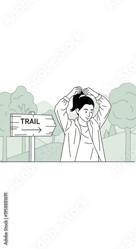 A Young Woman Adjusts Her Hair Next To A Trail Sign In A Green Forest Landscape