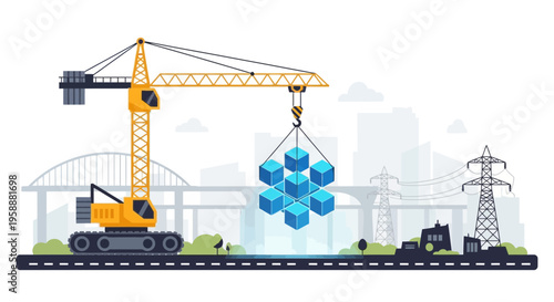 Abstract Construction Metaphor Of Building With Cubes By Crane