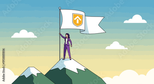 Achieving Summit Success Businesswoman Plants Flag On Mountain Peak