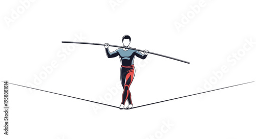 Acrobat Balancing With Pole On Tightrope