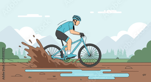 Action Mountain Biker Riding Through Muddy Trail Splash Adventure