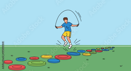 Active Child Energetically Jumping Rope On Colorful Stepping Stones For Fitness