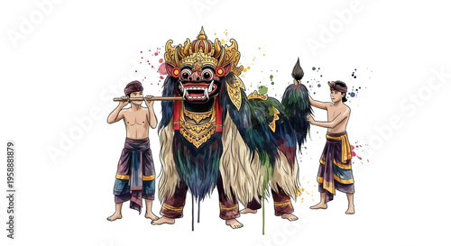 A vibrant illustration of a traditional Balinese Barong dance performance with two shirtless men and a colorful monster costume.