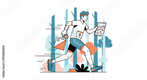 Active Runner Navigating Forest With Map and Compass Sporty Lifestyle